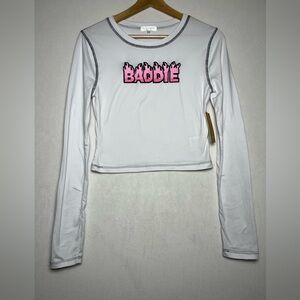 Riley & James Women’s NEW Y2K Style Long Sleeve 'Baddie' Baby Tee Top Sz M